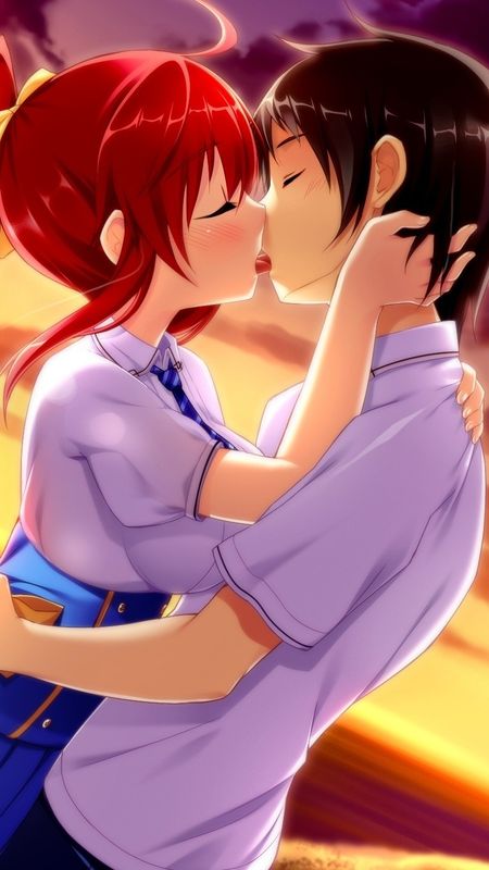 Anime girl and boy kissing