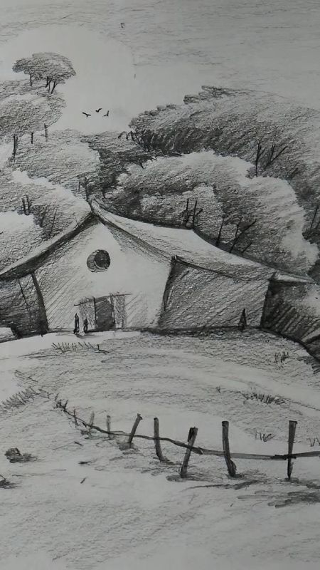 Village houses and farmland. vector sketch drawn by hand on a grey  background. | CanStock
