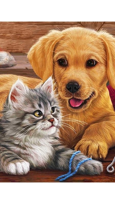 Cute Dog And Cat Painting Wallpaper Download | MobCup