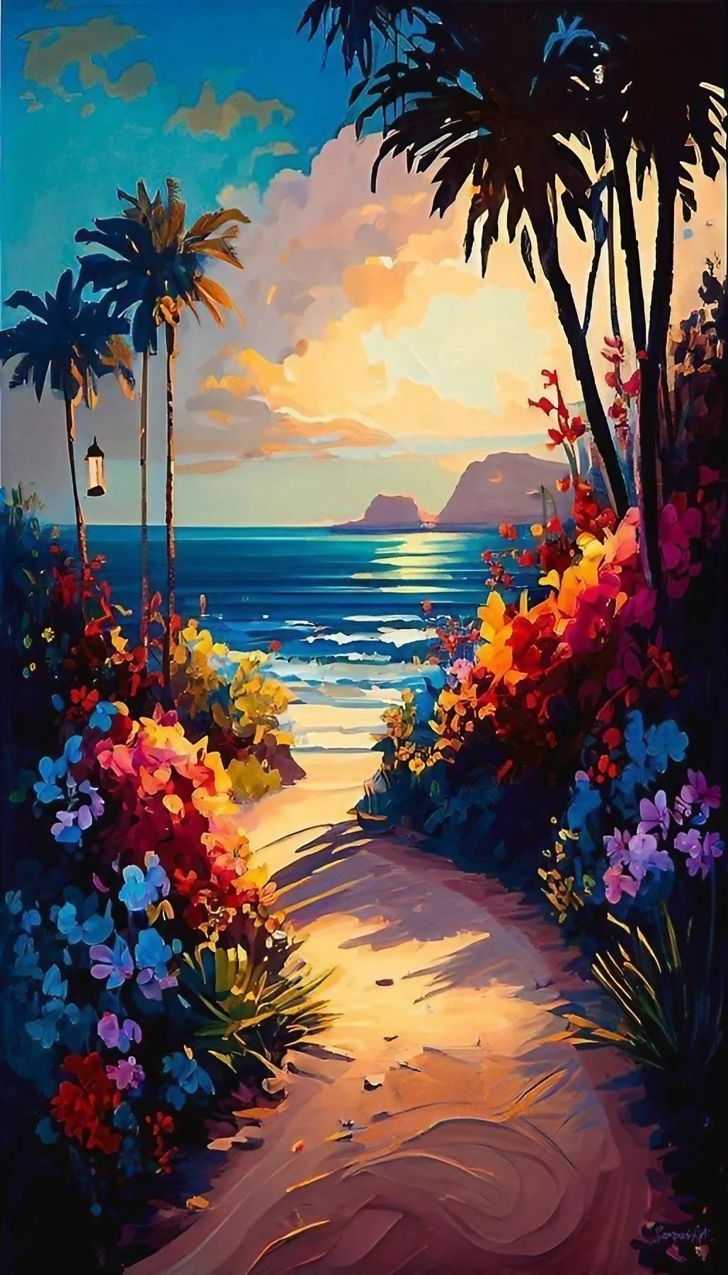 Painting Art - Beach And Colourful Flowers