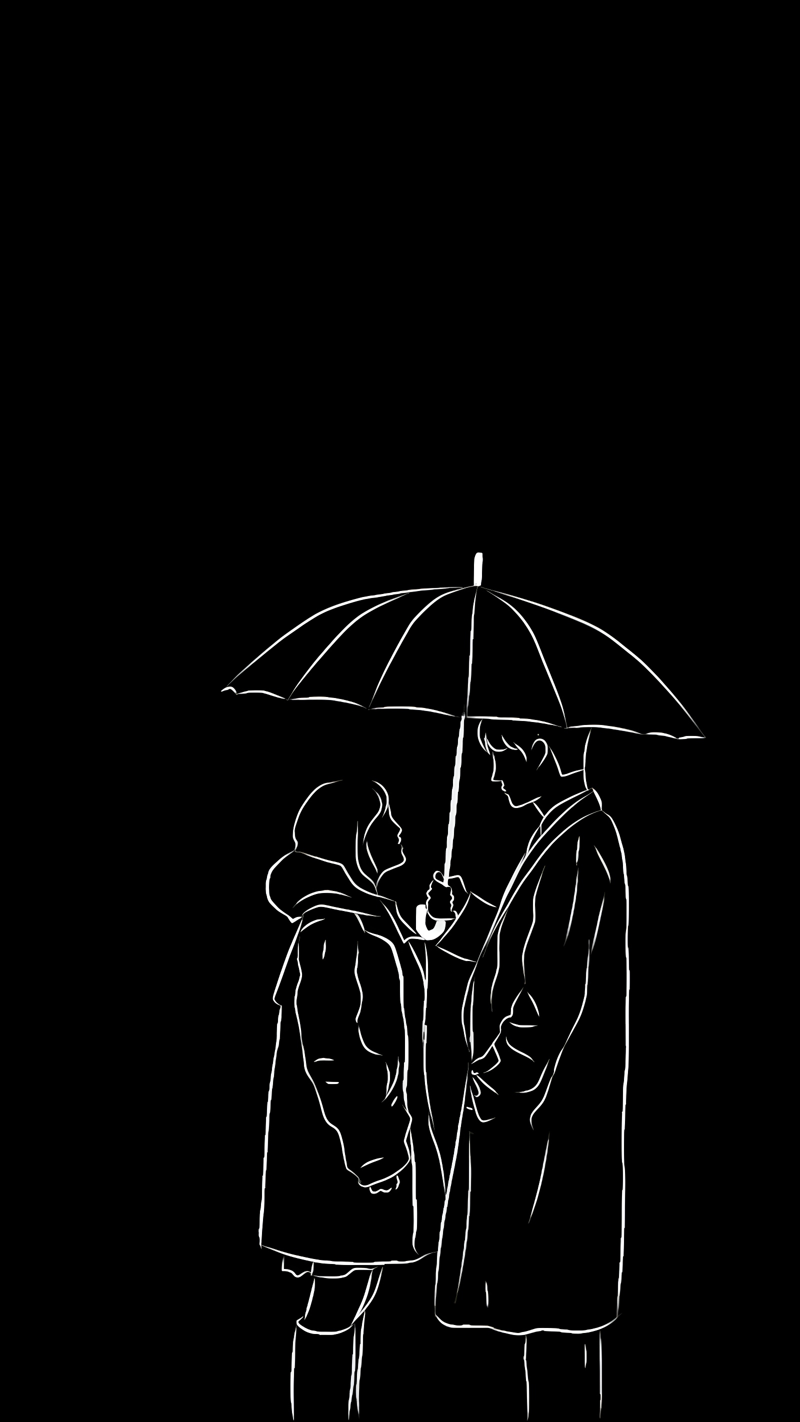 Black Line Art - Couple Standing With Umbrella