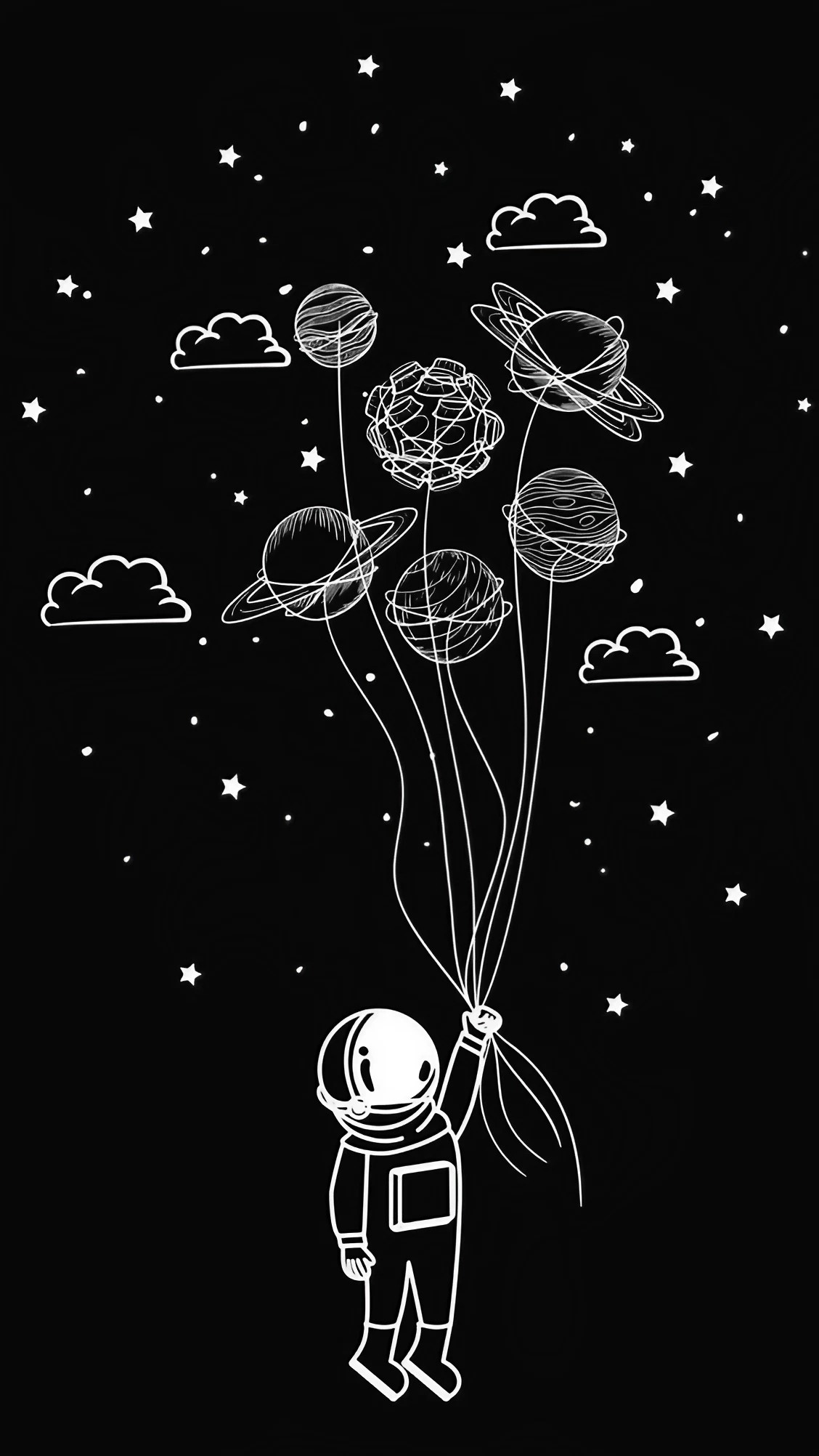 line art - Astronaut with planets