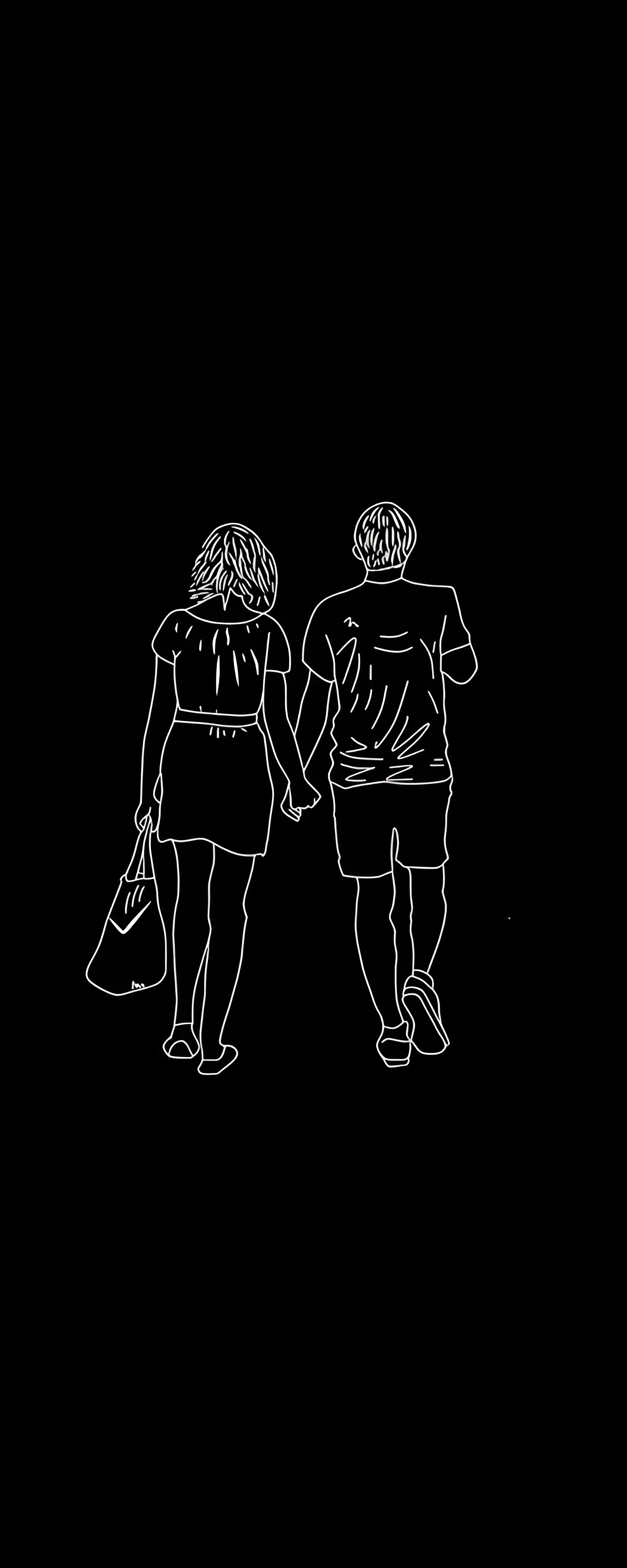 Black Line Art - Couple Walking Together