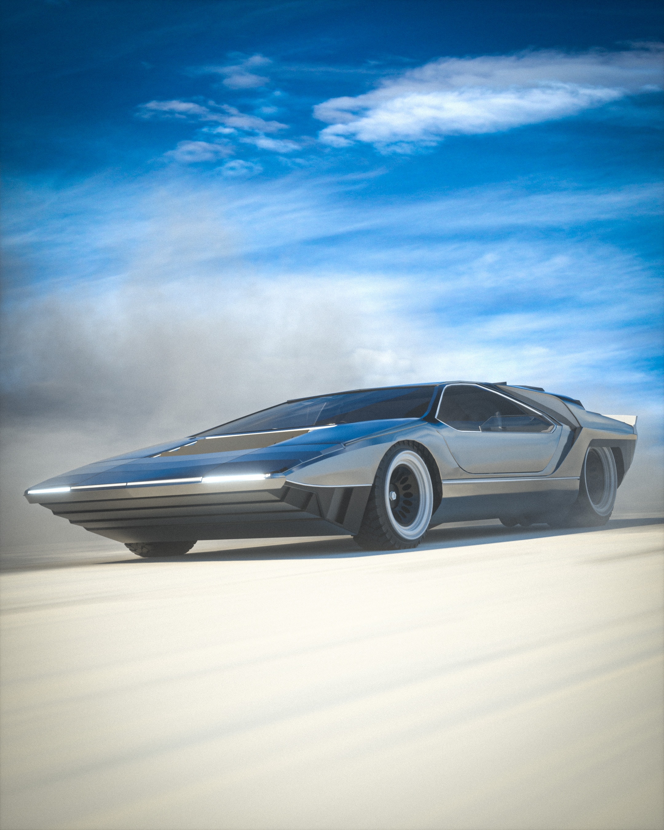 Concept Car - Silver Car With Blue Sky Background