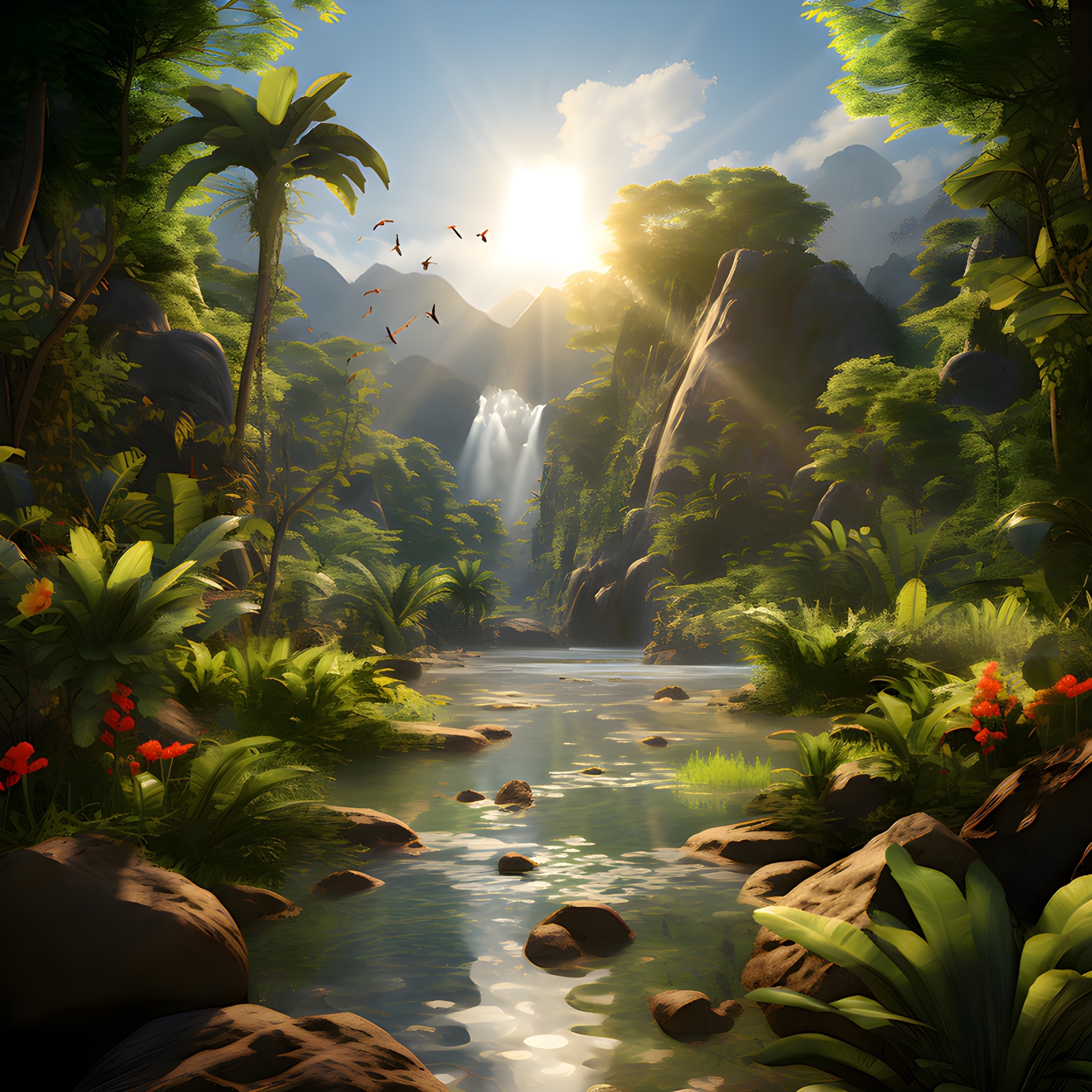 Sunrise Serenity - AI Art | Waterfall